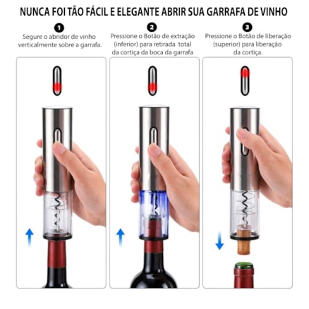 Abridor De Garrafas Vinhos Saca Rolha Inox Elétrico Automático Recarregável Usb