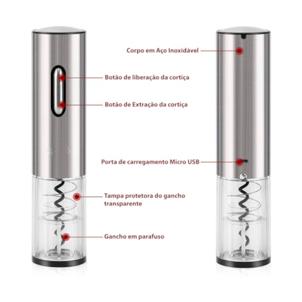 Abridor De Garrafas Vinhos Saca Rolha Inox Elétrico Automático Recarregável Usb