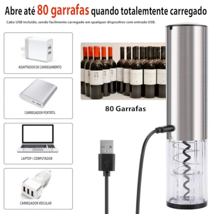 Abridor De Garrafas Vinhos Saca Rolha Inox Elétrico Automático Recarregável Usb