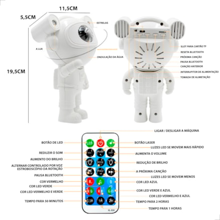 Astronauta Luminária Projetor Estrelas Caixa Som Bluetooth Luz Espacial Quarto