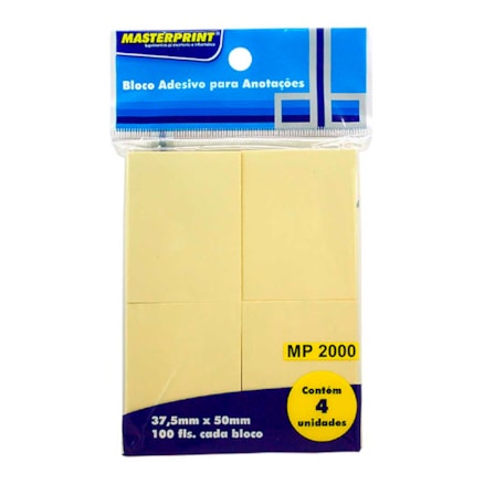 Bloco Adesivo Amarelo Masterprint 37,5mmx50mm 100 Fls 4 Und