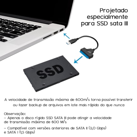 Cabo Adaptador Conversor USB 3.0 SATA SSD e HD 2.5 Notebook Computador 22 Pinos