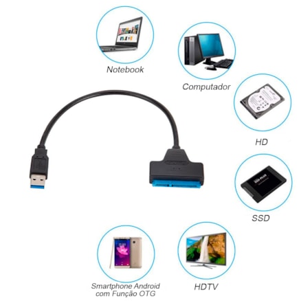 Cabo Adaptador Conversor USB 3.0 SATA SSD e HD 2.5 Notebook Computador 22 Pinos