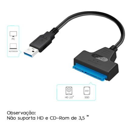 Cabo Adaptador Conversor USB 3.0 SATA SSD e HD 2.5 Notebook Computador 22 Pinos