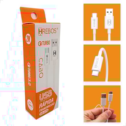 Cabo Carregador e Dados Rápido USB e Tipo C 3.1A Turbo Reforçado 2 Metros