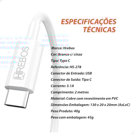 Cabo Carregador e Dados Rápido USB e Tipo C 3.1A Turbo Reforçado 2 Metros