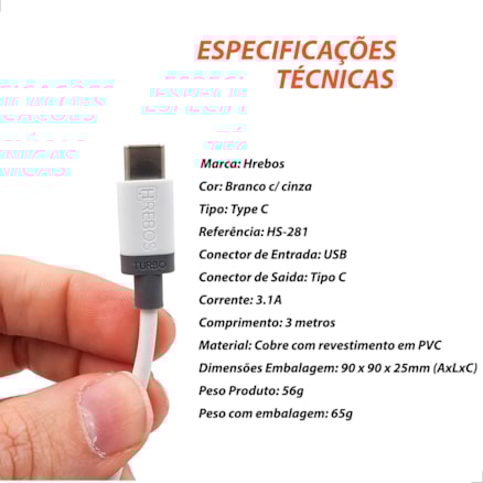 Cabo Carregador Turbo Tipo C Celular Transferencia Dado 3 metros Reforçado 3.1a
