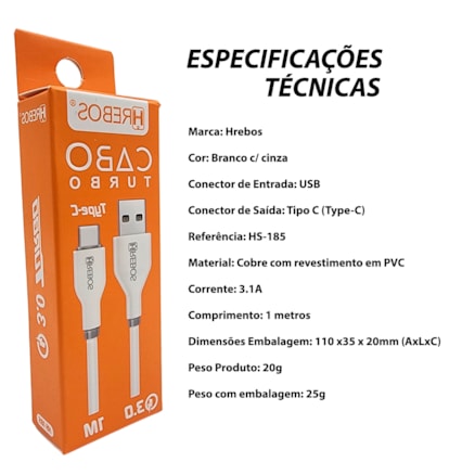 Cabo Carregador Turbo USB e Tipo C Carregamento Rápido e Dados Celular 1m 3.1a