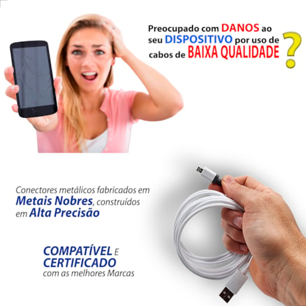 Cabo Celular Reforçado Micro USB V8 Turbo 4.0 2 Metros Carregamento Rápido Dados