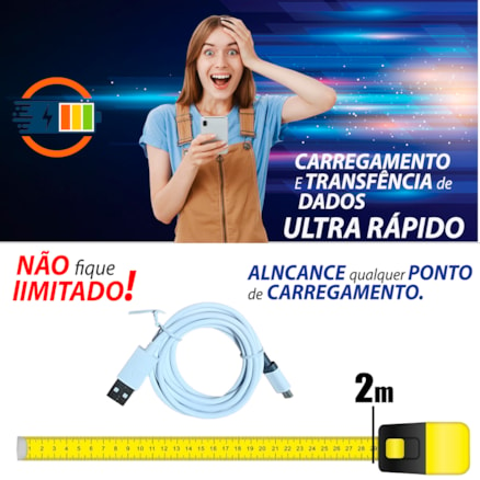 Cabo Celular Reforçado Micro USB V8 Turbo 4.0 2 Metros Carregamento Rápido Dados