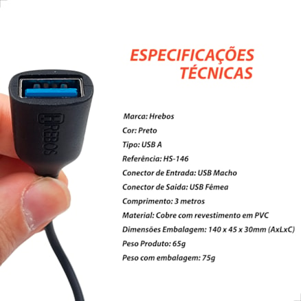 Cabo Extensor Adaptador Usb 3 metros Reforçado Macho Fêmea 3.0 Extensão Turbo