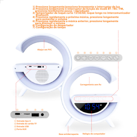 Caixa De Som Relógio Carregador Abajur Indução Bluetooth Luminária Luz Led Rgb