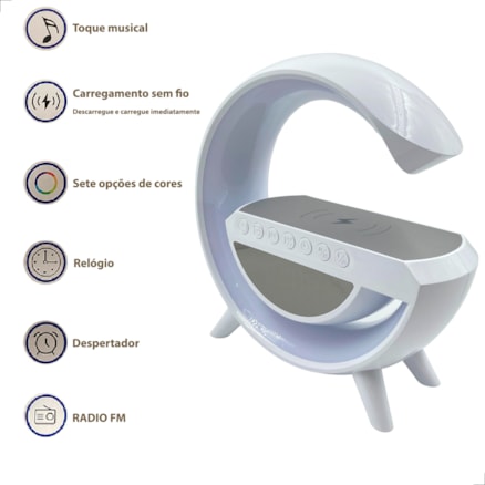 Caixa De Som Relógio Carregador Abajur Indução Bluetooth Luminária Luz Led Rgb