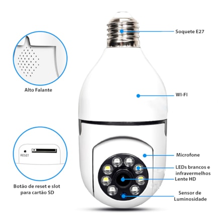 Câmera Lâmpada De Segurança Wifi Ip 360° Soquete E27 Branco