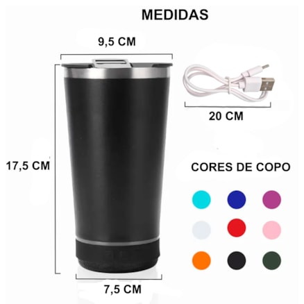 Copo Térmico 420ml Com Caixa De Som com LED Bluetooth Aço Inox Tampa Bebidas