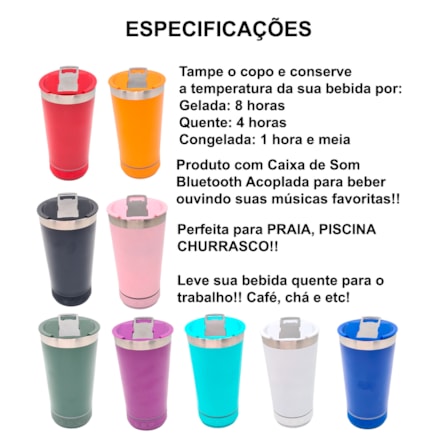 Copo Térmico 420ml Com Caixa De Som com LED Bluetooth Aço Inox Tampa Bebidas