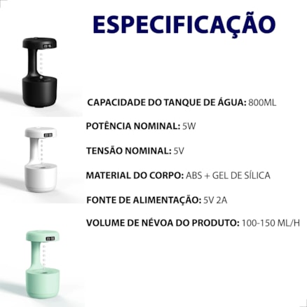 Difusor Umidificador Ar Anti Gravidade Gota Água Ambiente Led Relógio Led Quarto