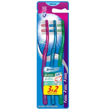 Escova Dental Sorriso Triple 123 Macia Escudo Contra Cárie Limpeza Profunda Remove Manchas Dentes Brancos Leve 3 Pague 2