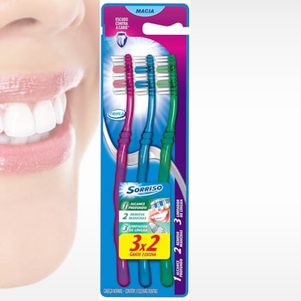 Escova Dental Sorriso Triple 123 Macia Escudo Contra Cárie Limpeza Profunda Remove Manchas Dentes Brancos Leve 3 Pague 2