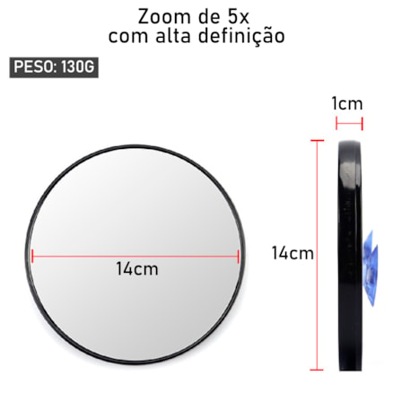 Espelho Lente de Aumento Redondo Zoom 5x Ventosas de Fixação Box Banheiro 14cm