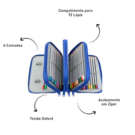 Estojo Organizador Escolar Grande 72 posições e 4 níveis Zíper Canetas e Lápis