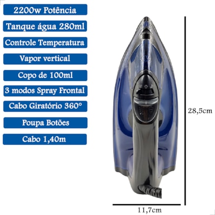 Ferro de Passar Roupas a Vapor Ultra Potente  Steam Iron 2200W 26 Saídas