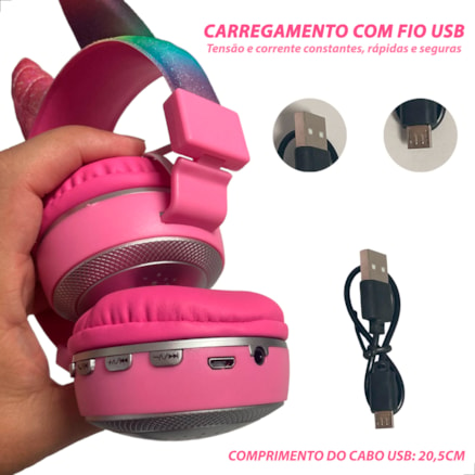 Fone De Ouvido Sem Fio Unicornio Infantil Usb Led Bluetooth Recarregável Adulto