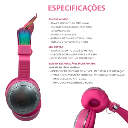 Fone De Ouvido Sem Fio Unicornio Infantil Usb Led Bluetooth Recarregável Adulto