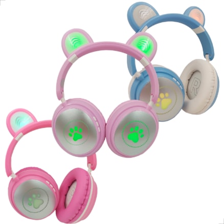 Fone Ouvido Led De Gatinho Bluetooth Sem Fio Rosa Azul Color Infantil Adulto