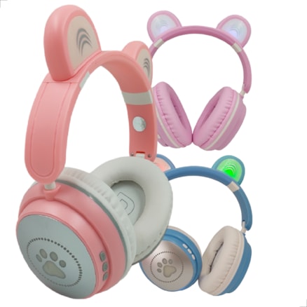 Fone Ouvido Led De Gatinho Bluetooth Sem Fio Rosa Azul Color Infantil Adulto