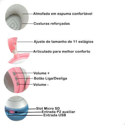 Fone Ouvido Led De Gatinho Bluetooth Sem Fio Rosa Azul Color Infantil Adulto