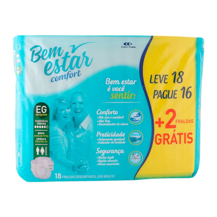 Fralda Geriátrica Bem Estar Comfort Tamanho Eg 18 Und