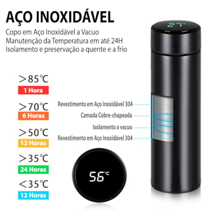 Garrafa Térmica em Aço Inoxidável com Tela LCD de Termômetro Inteligente 500ml