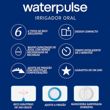 Irrigador Oral Bucal Waterpulse Portátil 10 Níveis 8 Bicos Limpeza Dental 600ml