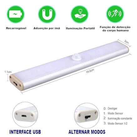 Lâmpada 24 Led Usb Recarregável 3 Modos Sensor Presença