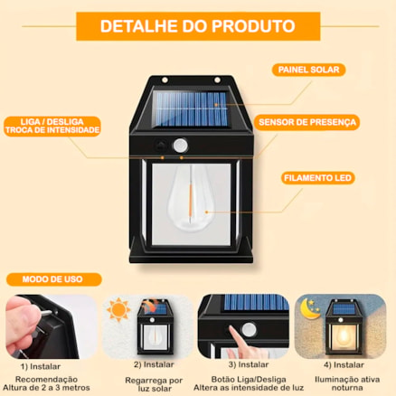 Luminaria Solar Led Recarregável Jardim Escada 3 fachos Sensor Resistente a água