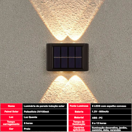 Luminária Solar Slim Parede Externa 6 Leds Iluminação Automática Noturna Sem fio