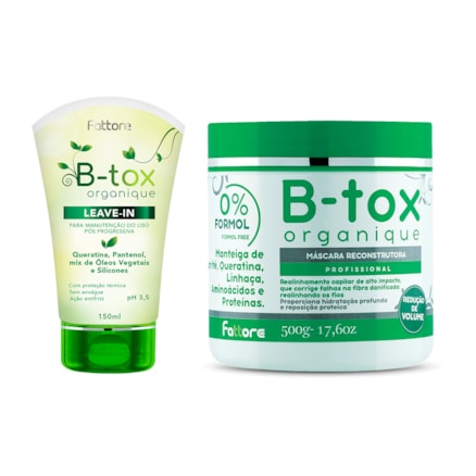 Máscara Capilar B-Tox Reconstrutora Profissional Organique Fattore 500g + Leave-in Fattore B-tox Organique Manutenção Liso 150ml