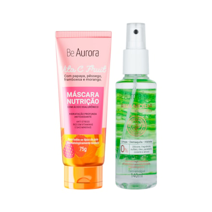 Máscara Nutrição Be Aurora Vita C Fruit com Ácido Hialurônico + Vitaminas + Sais Minerais 75g + Água Micelar BeAurora Pura Fattore Spray Babosa Ativa Vegano 140ml