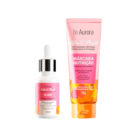 Máscara Nutrição Be Aurora Vita C Fruit com Ácido Hialurônico + Vitaminas + Sais Minerais 75g +  Elixir Be Aurora Rosa Mosqueta com Ácido Hialurônico + Colágeno 30ml