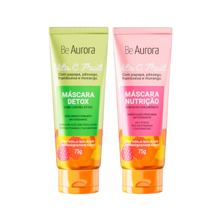 Máscara Nutrição Be Aurora Vita C Fruit com Ácido Hialurônico + Vitaminas + Sais Minerais 75g + Máscara Detox Be Aurora Vita C Fruit Antioxidante com Carvão Ativado 75g