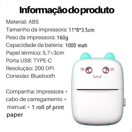 Mini Impressora Portátil Térmica Sem Fio Bluetooth 200dpi Usb Recarregável Gato