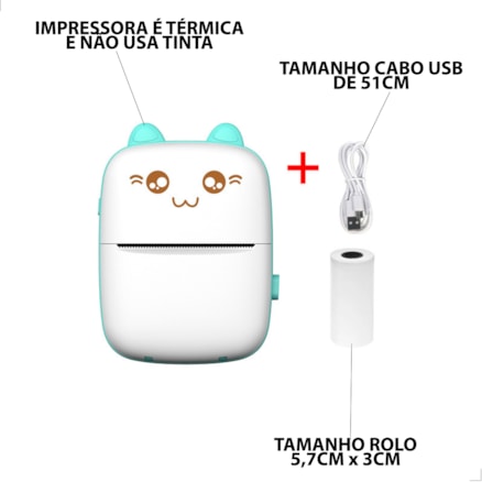 Mini Impressora Portátil Térmica Sem Fio Bluetooth 200dpi Usb Recarregável Gato