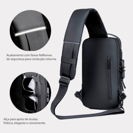 Mochila Bolsa Ombro Transversal Unilateral USB Cadeado Impermeável Viagem Cinza