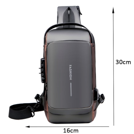 Mochila Bolsa Ombro Transversal Unilateral USB Cadeado Impermeável Viagem Cinza