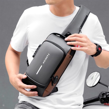 Mochila Bolsa Ombro Transversal Unilateral USB Cadeado Impermeável Viagem Cinza