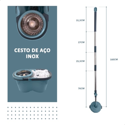 Mop Limpeza Robust Esfregão Giratória Cabo Longo Inox 3 Refil 16l