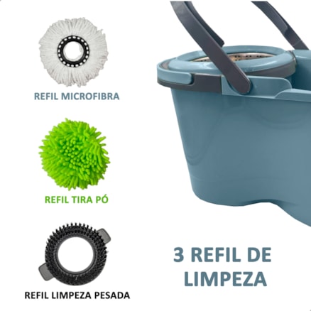 Mop Limpeza Robust Esfregão Giratória Cabo Longo Inox 3 Refil 16l