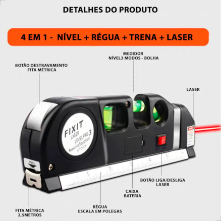 Nível A Laser E Trena 250cm Régua Nivelador Construção Bolha 3 Linhas Super Leve