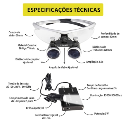 Oculos Lupa Cabeca com Lente Aumento 3,5x e Lampada Led 3 W Cirúrgico Dentista